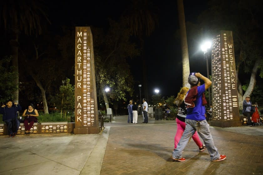 A newly renovated entrance to MacArthur Park at the corner of 7th and Alvarado streets.