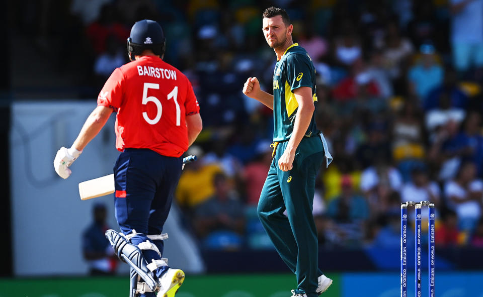 Josh Hazlewood, pictured here in action for Australia against England at the T20 World Cup.