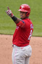 Philadelphia Phillies' Jean Segura stands on second base after hitting a double off Pittsburgh Pirates relief pitcher Cody Ponce, driving in a run during the sixth inning of a baseball game in Pittsburgh, Sunday, Aug. 1, 2021. (AP Photo/Gene J. Puskar)