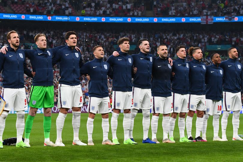 England players line up for the national anthem prior to the UEFA Euro 2020 Championship Final against Italy