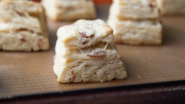 maple bacon biscuits on baking sheet