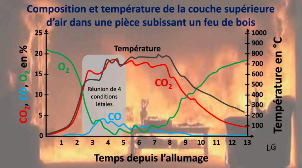 Modifications rapides de la composition de l’air et de sa température dans une pièce ouverte (apport continu d’O₂) subissant un feu de 100 kg de bois. Dès la 3ᵉ minute, l’hypoxie ambiante, le taux de CO et de CO₂ et la température de l’air sont à des niveaux létaux. On note l’absence de HCN, le bois contenant très peu d’azote. Laurent Grélot -- Inspiré des travaux de David Purser, Fourni par l'auteur