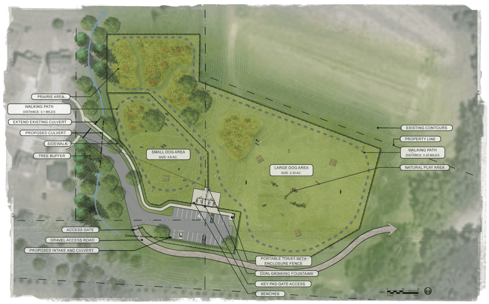 A rendering shows Urbandale's first public dog park, which opened Aug. 3, 2023.