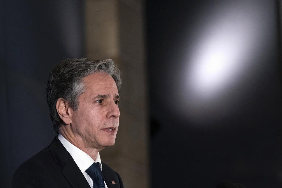 Secretary of State Antony Blinken speaks with reporters during a news conference at his hotel, Tuesday, May 25, 2021, in Jerusalem. (AP Photo/Alex Brandon, Pool)