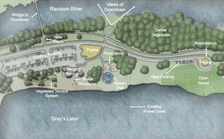 A playground and splash pad could soon sit on the shores of Des Moines' busiest and most high-profile park, Gray's Lake.