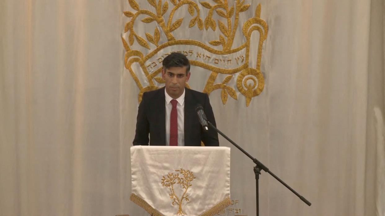 Prime minister Rishi Sunak speaks during a service for victims of the Hamas attacks (via REUTERS)