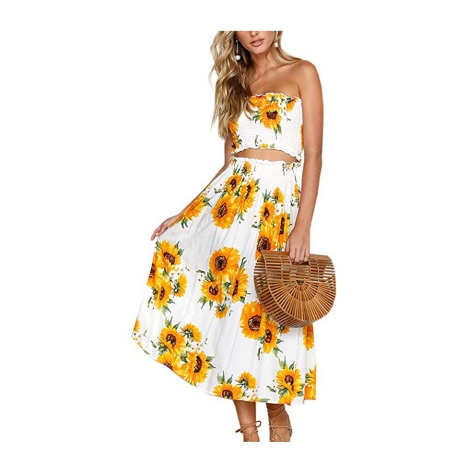 1) Angashion Women's Floral Crop Top Maxi Skirt Two-Piece Set