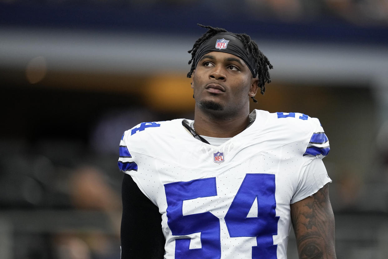 Dallas Cowboys defensive end Sam Williams warms up before a presesaon NFL football game against the Jacksonville Jaguars in Arlington, Texas, Saturday, Aug. 12, 2022. (AP Photo/Tony Gutierrez)