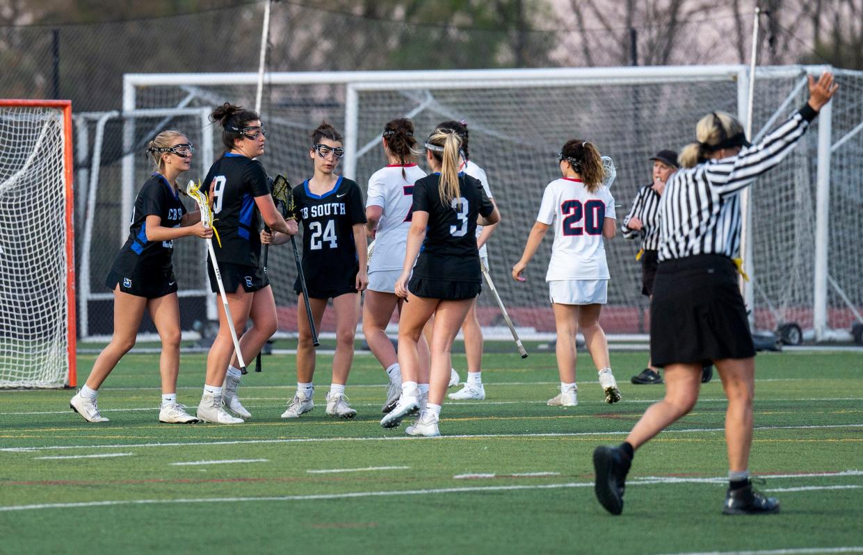 Central Bucks South celebrates Brooke Cenci's (19) goal against Central Bucks East during their girls' lacrosse game in Doylestown on April 24, 2024.