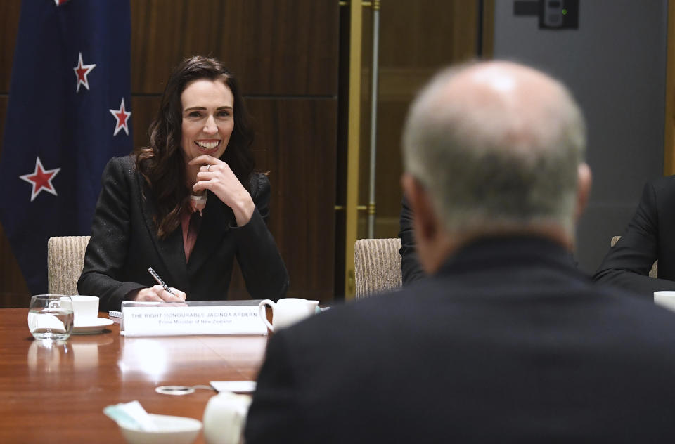 New Zealand's Prime Minister Jacinda Ardern, left, begins bilateral talks with Australian Prime Minister Scott Morrison, in Melbourne, Australia, Friday, July 19, 2019. (Julian Smith/Pool Photo via AP)