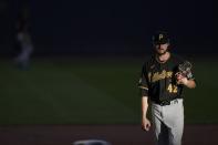 Pittsburgh Pirates starting pitcher JT Brubaker reacts after giving up a home run to Milwaukee Brewers' Christian Yelich during the first inning of a baseball game Saturday, Aug. 29, 2020, in Milwaukee. (AP Photo/Morry Gash)