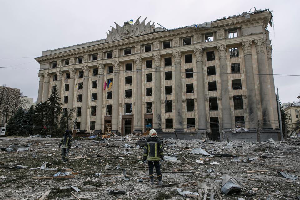 The shelled Kharkiv City Hall in Ukraine on March 1, 2022.