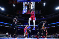 Philadelphia 76ers' Paul Reed (44) dunks the ball during the first half of an NBA basketball game against the Portland Trail Blazers, Monday, Nov. 1, 2021, in Philadelphia. (AP Photo/Matt Slocum)