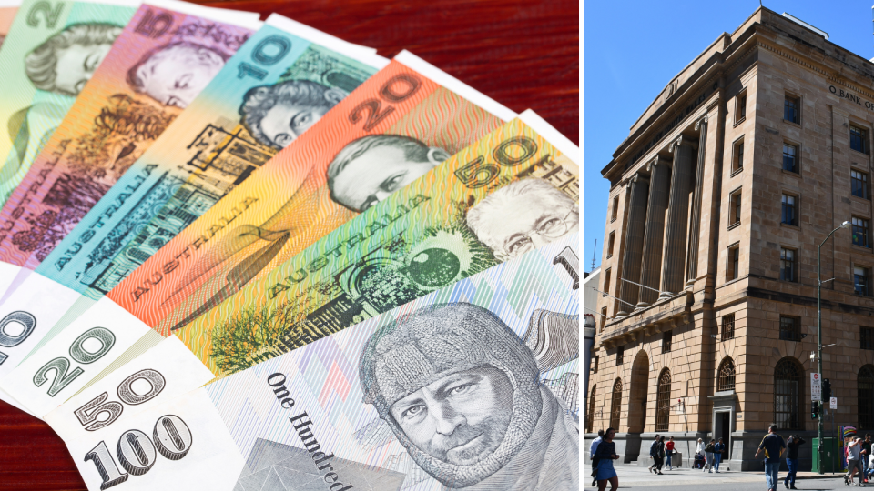 Composite image of old Australian cash banknotes, and the old Bank of NSW building.