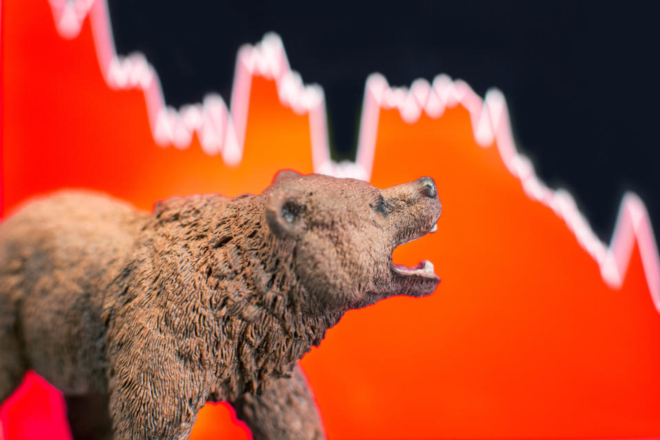 Bearish scenario in stock market with bear figure in front of red price drop chart.