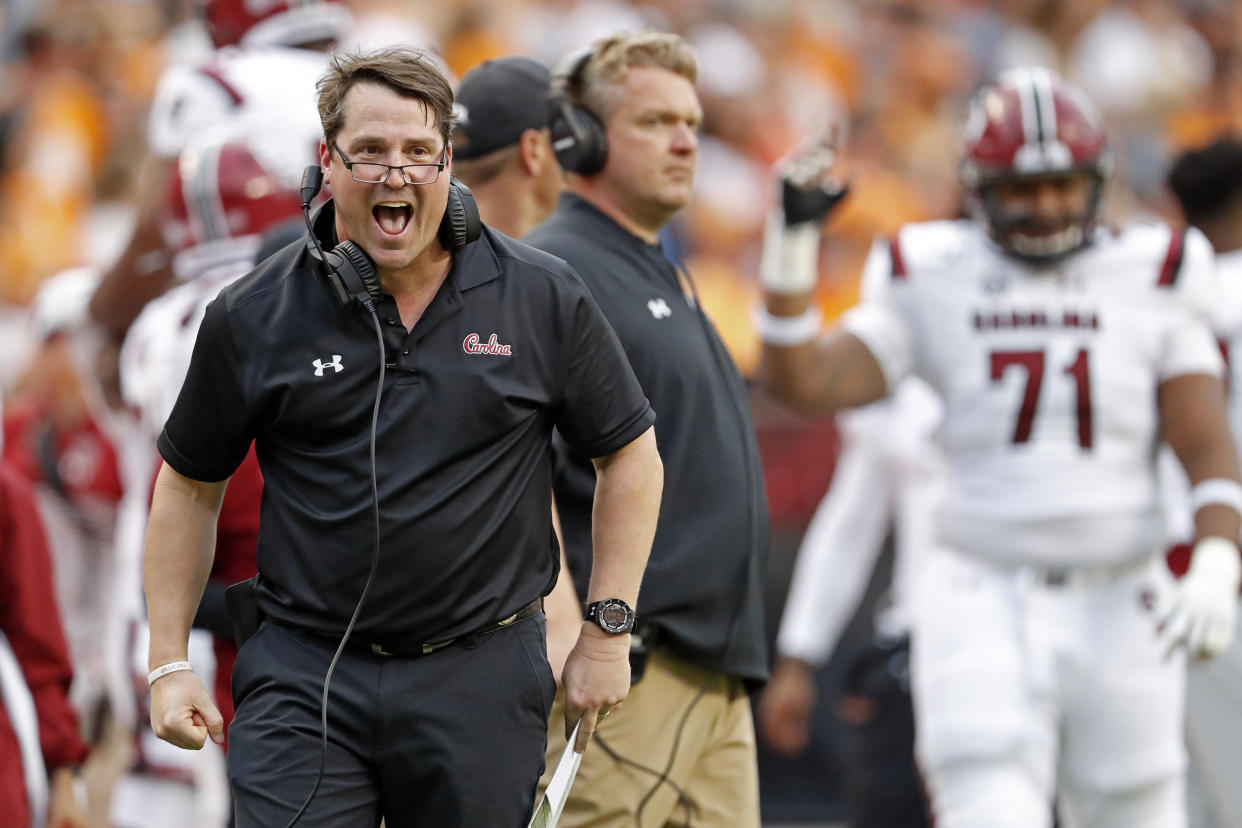 South Carolina head coach Will Muschamp reacts to a play in the first half of an NCAA college football game against Tennessee, Saturday, Oct. 26, 2019, in Knoxville, Tenn. (AP Photo/Wade Payne)