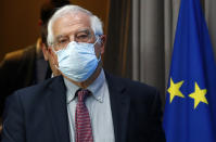 European Union foreign policy chief Josep Borrell arrives for a media conference after a meeting of EU foreign ministers at the European Council building in Brussels, Monday, July 13, 2020. European Union foreign ministers met for the first time face-to-face since the pandemic lockdown and will assess their discuss their relations with China and Turkey. (Francois Lenoir, Pool Photo via AP)