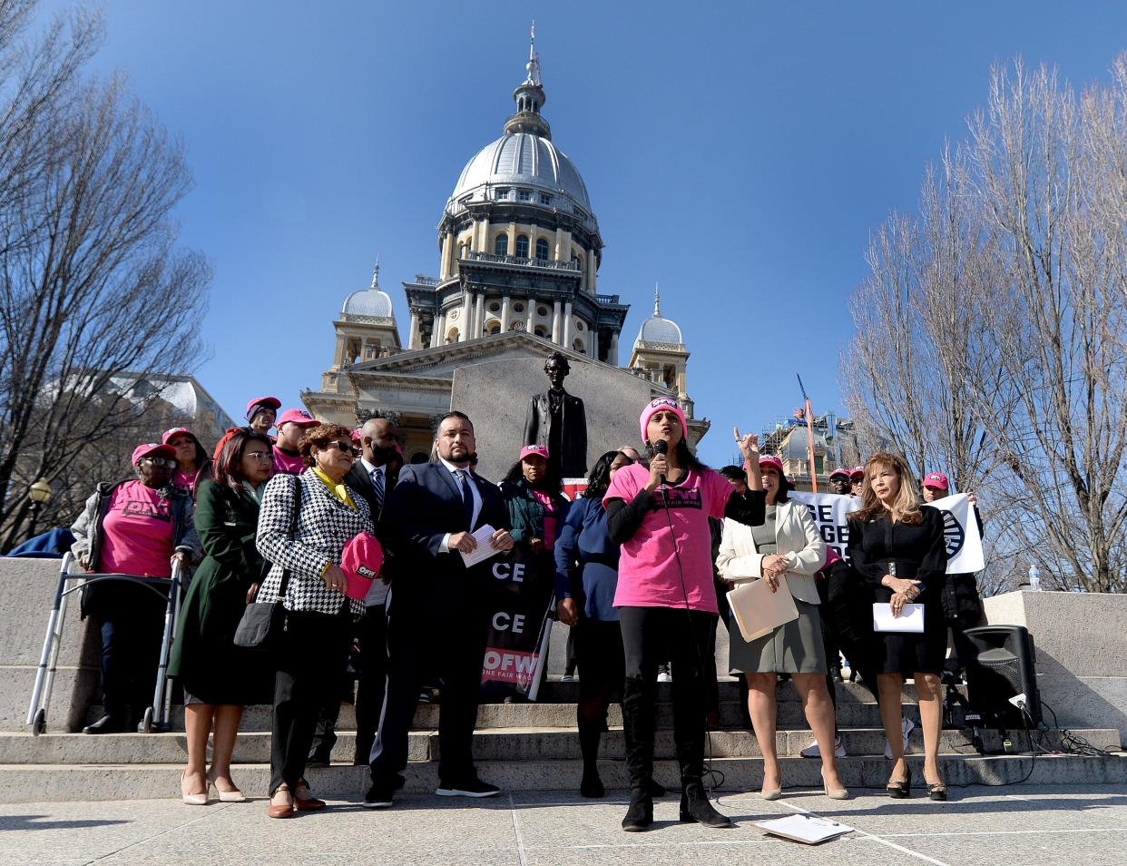 One Fair Wage advocates announced support for legislation ending sub-minimum wage in Illinois during a press conference outside the Illinois State Capitol on Tuesday, Feb. 6, 2024.