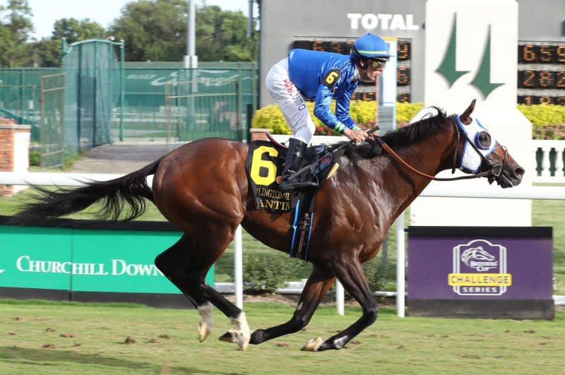 Santin, shown winning the 2022 Arlington Million, seeks a repeat victory in Saturday's renewal at Colonial Downs in Virginia. Photo courtesy of Churchill Downs