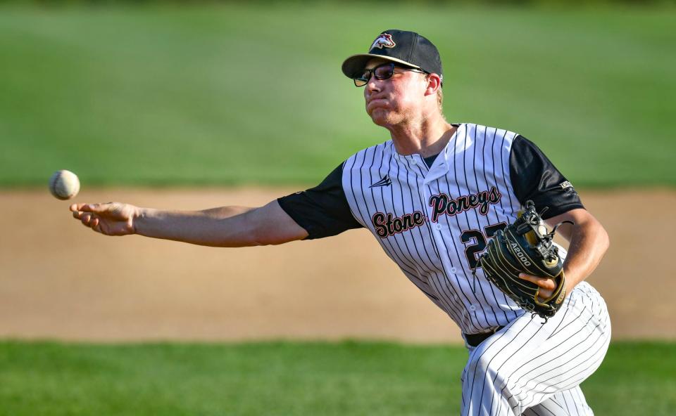 Chase Heying pitches for the Stone Poneys during the game Wednesday, June 29, 2022, at St. Cloud Orthopedics Field in Sartell. 