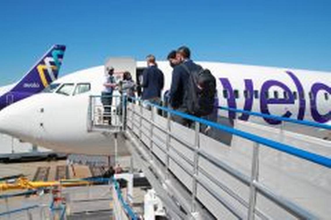 Passengers board the plane as Avelo Airlines takes off with first flight between Burbank and Santa Rosa at Hollywood Burbank Airport on April 28, 2021 in Burbank, California. Avelo, an ultra-low-cost airline, will start offering flights from Lexington, KY airport to Orlando & Tampa Florida this fall. One-way flights start at $39