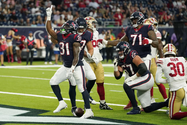 Houston Texans running back Dameon Pierce runs with the ball against the  Miami Dolphins during the first half of an NFL preseason football game,  Saturday, Aug. 19, 2023, in Houston. (AP Photo/Eric