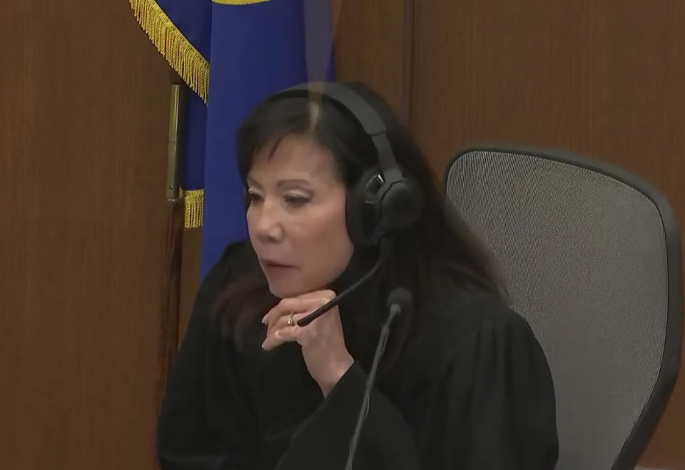 In this screen grab from video, Hennepin County Judge Regina Chu participates in a sidebar as she presides over court Monday, Dec. 13, 2021, in the trial of former Brooklyn Center police Officer Kim Potter in the April 11, 2021, death of Daunte Wright, at the Hennepin County Courthouse in Minneapolis, Minn. (Court TV via AP, Pool)