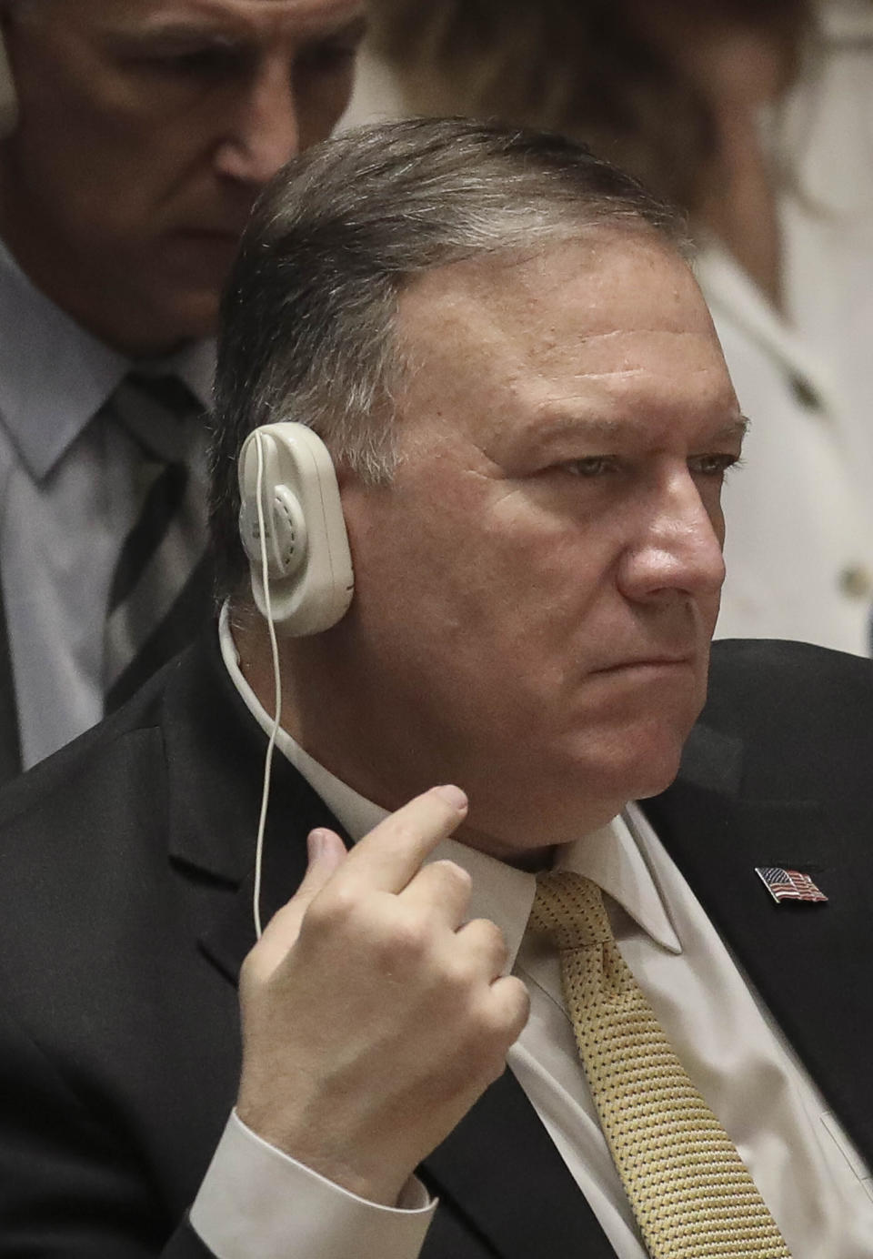 United States Secretary of State Michael Pompeo listens during a meeting of the United Nations Security Council on the Mideast, Tuesday, Aug. 20, 2019 at U.N. headquarters. (AP Photo/Bebeto Matthews)
