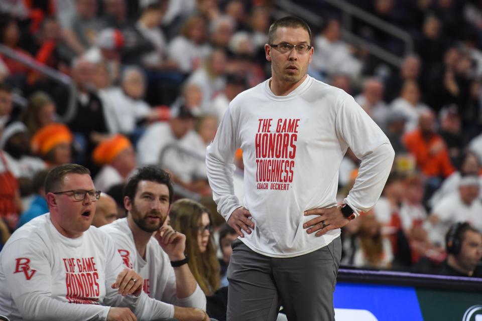 Brandon Valley's head coach Craig Nelson watches the game against Huron on Thursday, March 14, 2024 at Denny Sanford Premier Center in Sioux Falls.