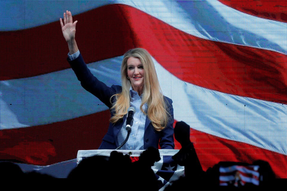 Republican U.S. Senator Kelly Loeffler speaks at the GA GOP election night event for the run-off election for Georgia’s two Senate seats in Atlanta, Georgia, U.S., January 6, 2021.   REUTERS/Brian Snyder     TPX IMAGES OF THE DAY