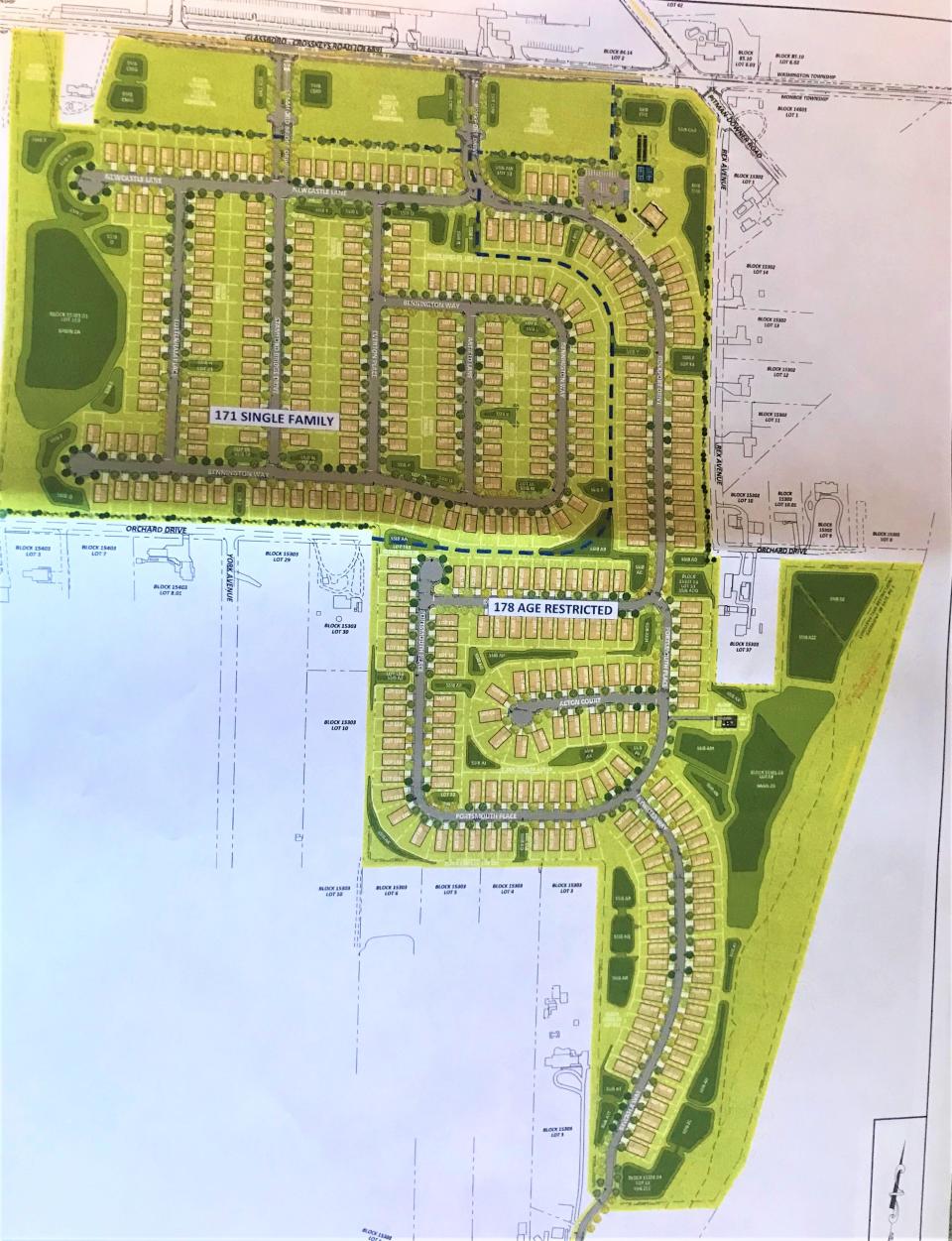 The subdivision plan for Smithfield Estates, 349 houses Bruce Paparone Inc. intends to build in Monroe Township off Glassboro Crosskeys Road and Route 322. Consulting Engineer Services did the plan for Paparone. The Planning Board approved it Dec. 14, 2023.