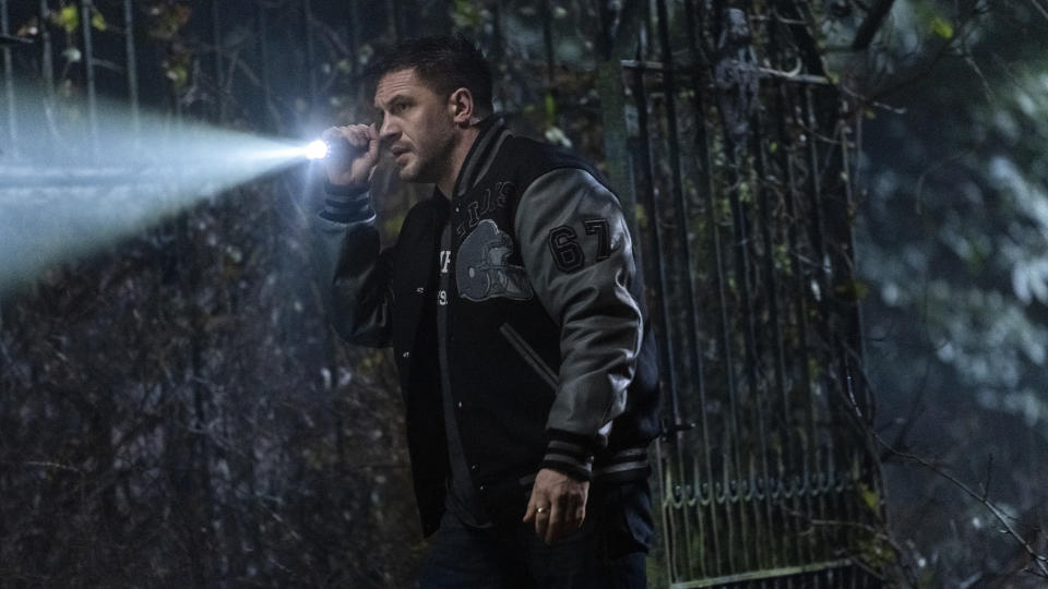 This image released by Sony Pictures shows Tom Hardy in a scene from "Venom: Let There Be Carnage." (Jay Maidment/Sony Pictures Entertainment via AP)