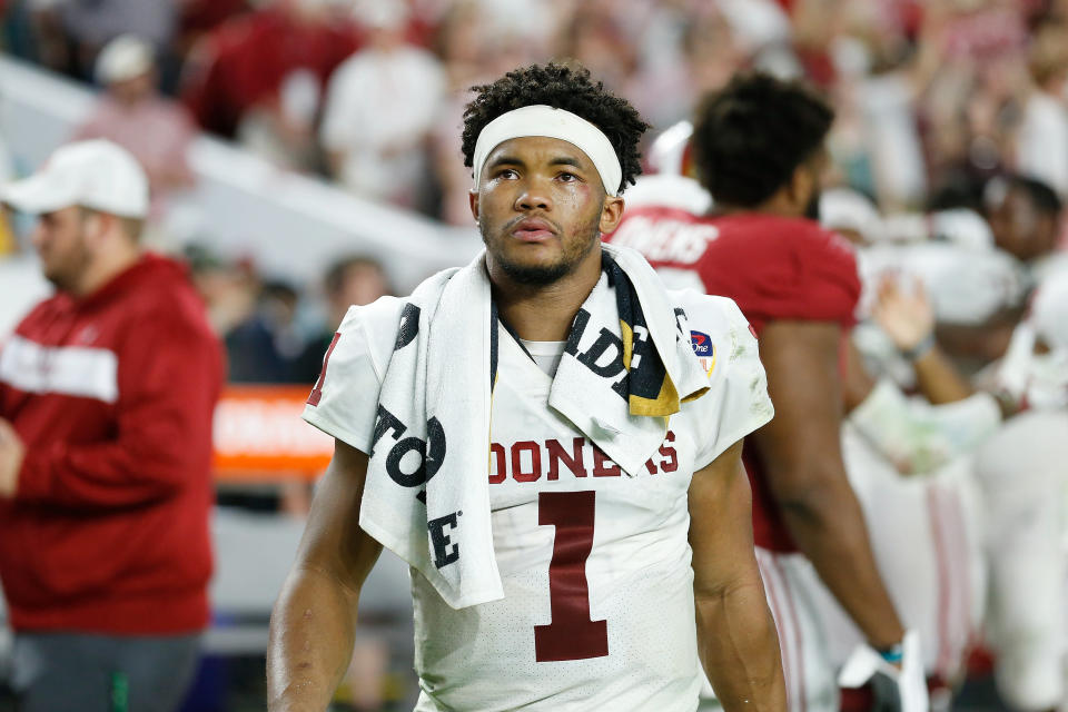 MIAMI, FL - DECEMBER 29:  Kyler Murray #1 of the Oklahoma Sooners reacts after losing to the Alabama Crimson Tide in the College Football Playoff Semifinal at the Capital One Orange Bowl at Hard Rock Stadium on December 29, 2018 in Miami, Florida.  (Photo by Michael Reaves/Getty Images)