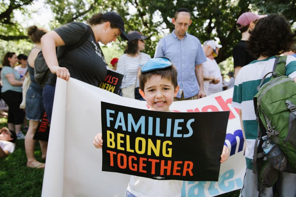 <p>Solomon Bader, 5. His parents and four siblings carried a giant banner that read “Torah Trumps Hate". </p>