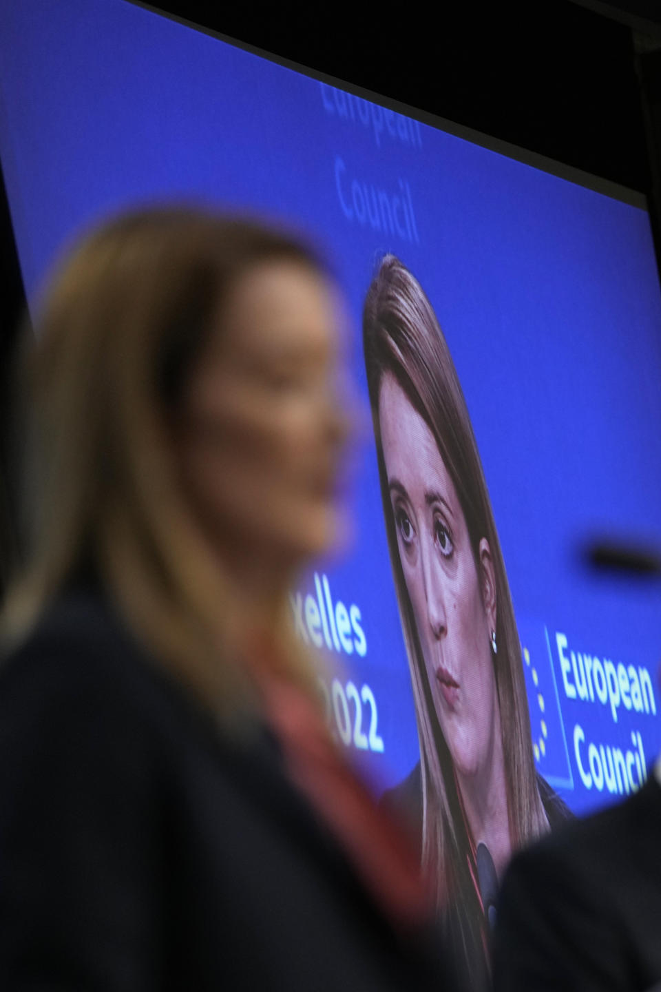 European Parliament President Roberta Metsola speaks during a media conference at an EU summit in Brussels, Thursday, Dec. 15, 2022. EU leaders meet for a one day summit on Thursday to discuss Ukraine and further measures to contain energy prices hikes in the European Union. (AP Photo/Virginia Mayo)