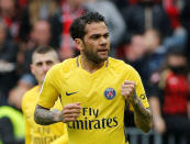 Soccer Football - Ligue 1 - OGC Nice vs Paris St Germain - Allianz Riviera, Nice, France - March 18, 2018 Paris Saint-Germain’s Dani Alves celebrates scoring their second goal REUTERS/Jean-Paul Pelissier