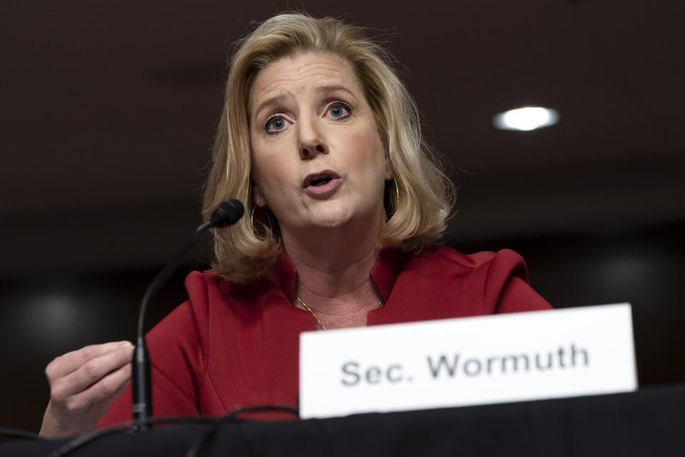 FILE - Army Secretary Christine Wormuth, testifies before a Senate Armed Services Committee on May 5, 2022, on Capitol Hill in Washington. Wormuth said the Army has set a difficult goal for this year: aiming to bring in 65,000 recruits, which would be 20,000 more than in 2022. It’s difficult to predict how it will go, she said, adding that recruiters need to do all they can to surpass last year’s numbers. (AP Photo/Jacquelyn Martin, File)