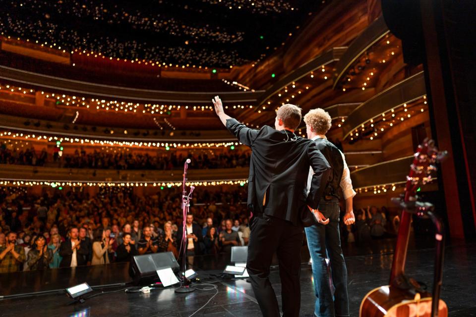 Taylor Bloom, left, and Ben Cooley appear in a scene from "The Simon & Garfunkel Story."