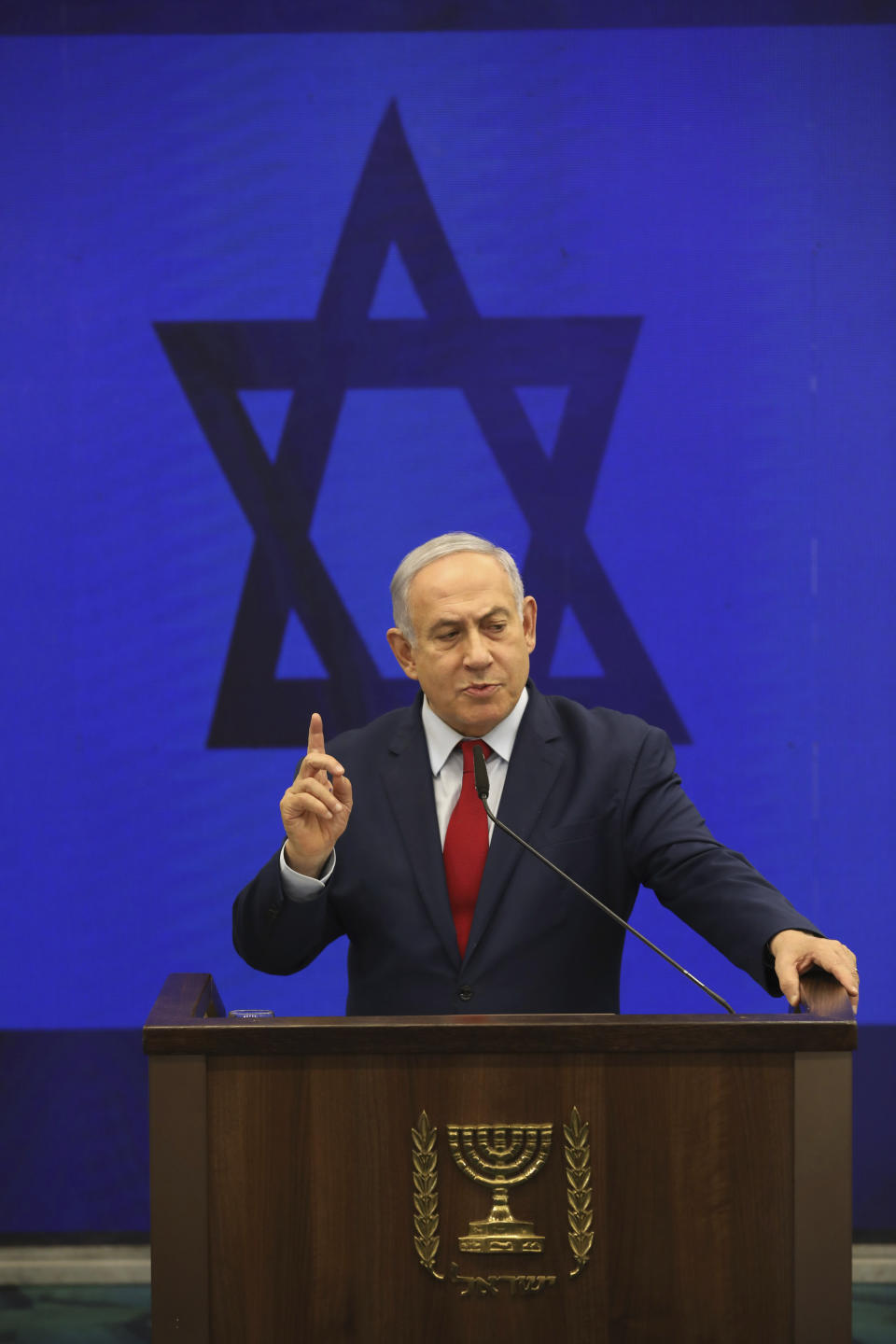 Israeli Prime Minister Benjamin Netanyahu, speaks during a press conference in Tel Aviv, Israel, Tuesday, Sept. 10, 2019. Netanyahu vowed Tuesday to begin annexing West Bank settlements if he wins national elections next week. (AP Photo/Oded Balilty)