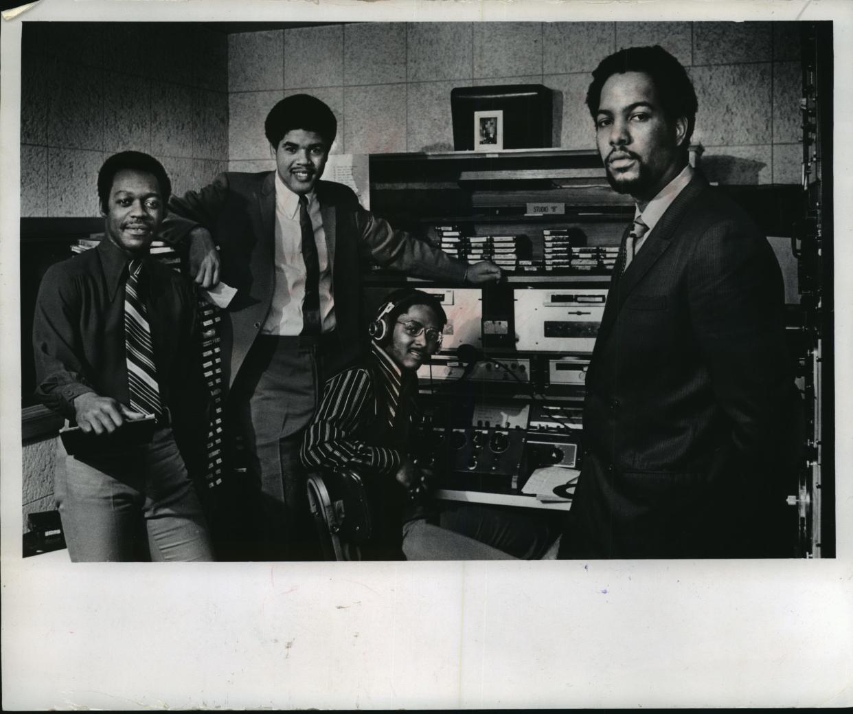 Bill Taylor (right, with Bob Perry, Bill Kenner and Cecil Hale) was hired as a DJ by Milwaukee's WNOV-AM (860) in 1970. He became program director of the station before switching to TV news.