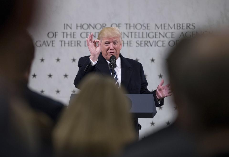 President Donald Trump speaks at the Central Intelligence Agency in Langley, Va. on January 21, 2017. (Photo: Andrew Harnik/AP)