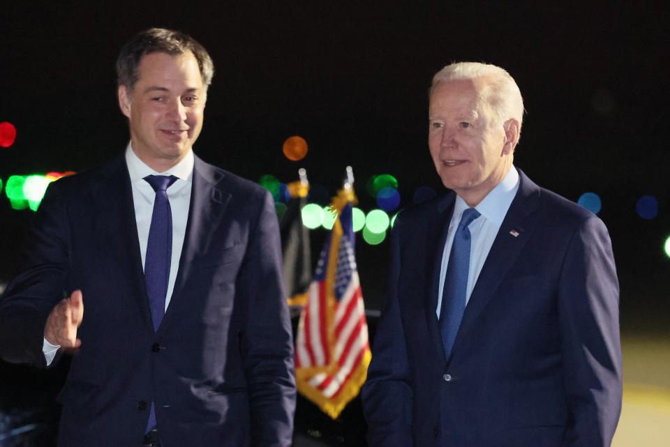 Belgium Prime Minister Alexander De Croo and US President Joe Biden pictured at the arrival at the military airport in Melsbroek, Steenokkerzeel, Wednesday 23 March 2022. 