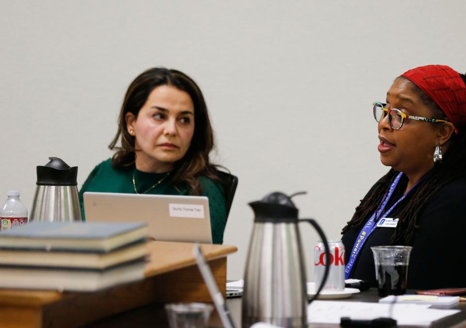 Springfield school board member Shurita Thomas-Tate talks about what she observed during the session in question at the Youth Empowerment Summit as Maryam Mohammadkhani listens.