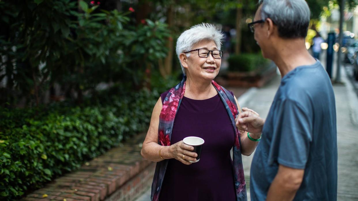 Two Chinese senior adults talking in the park.