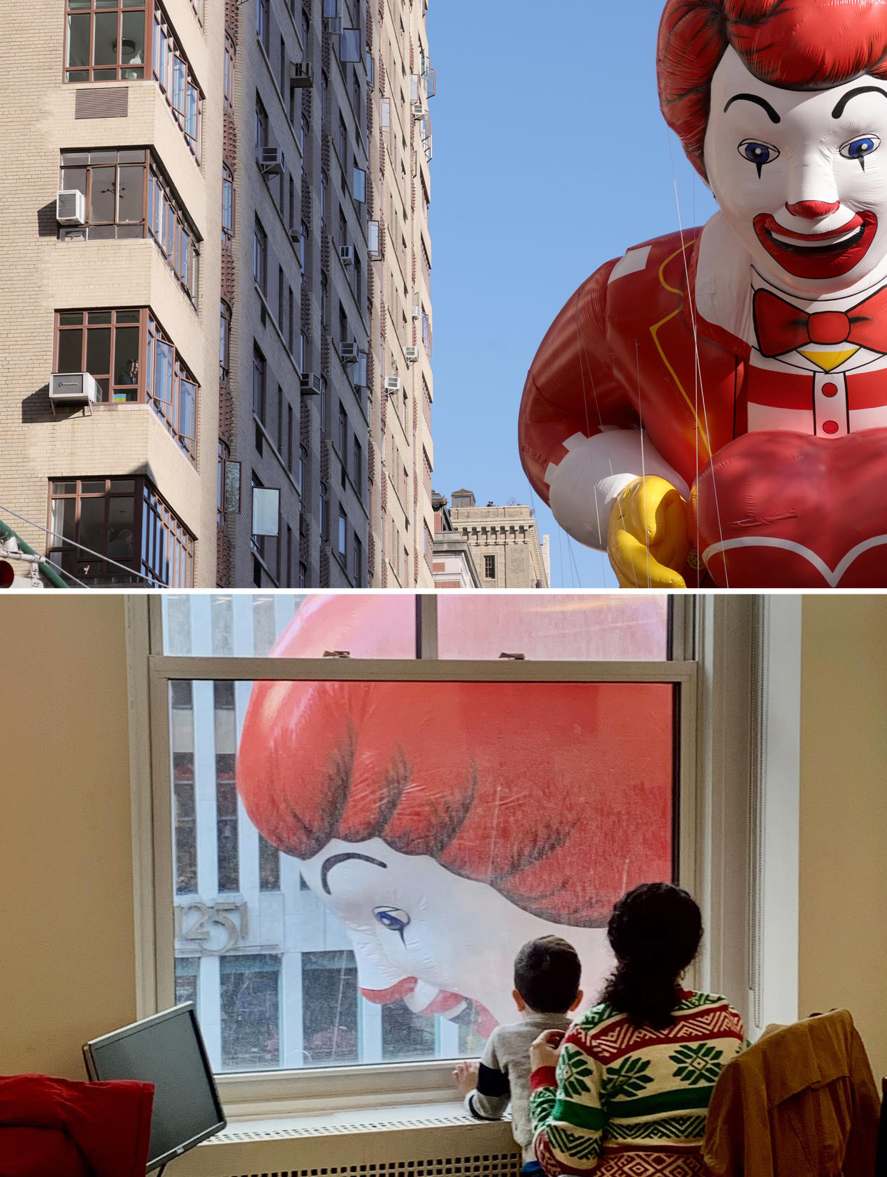 Ronald McDonald float passes office buildings on Sixth avenue during the Macy's Thanksgiving Day Parade on Nov. 24, 2022 in New York.  (Michael Loccisano / Getty Images; Matt Nighswander / NBC News)