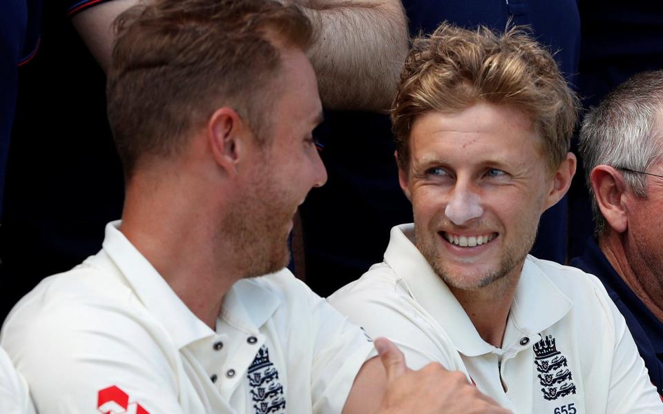 England captain Joe Root chats to Stuart Broad on the eve of the first Test but the veteran fast bowler may miss out on a place in the XI to play West Indies - Action Images via Reuters