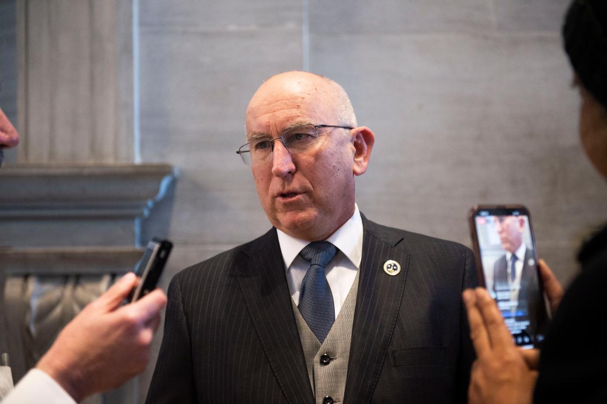 Sen. Richard Briggs answers questions after General Assembly, at Tennessee state Capitol in Nashville, Tenn., Tuesday, Jan. 10, 2023.