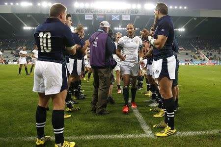 Rugby Union - South Africa v Scotland - IRB Rugby World Cup 2015 Pool B - St James' Park, Newcastle, England - 3/10/15 Scotland players congratulate South Africa players at the end of the match Action Images via Reuters / Lee Smith