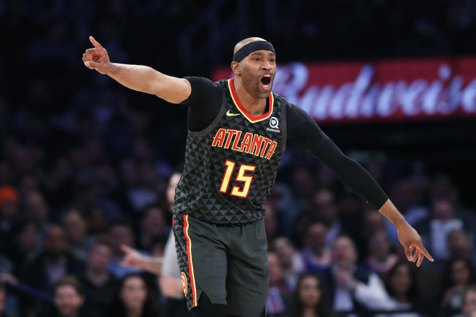 Atlanta Hawks guard Vince Carter (15) reacts during the first half of an NBA basketball game against the New York Knicks in New York, Tuesday, Dec. 17, 2019. It was likely Carter's last appearance at Madison Square Garden as an active player as he plans to retire at the end of the season. (AP Photo/Kathy Willens)