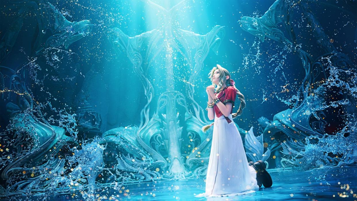  Aerith prays against a watery backdrop in Final Fantasy 7 Rebirth. 